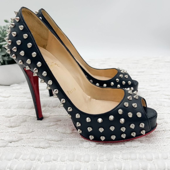 Christian Louboutin Shoes - Christian Louboutin Heels Very Prive 120mm Black Leather Studded Peep-Toe 7